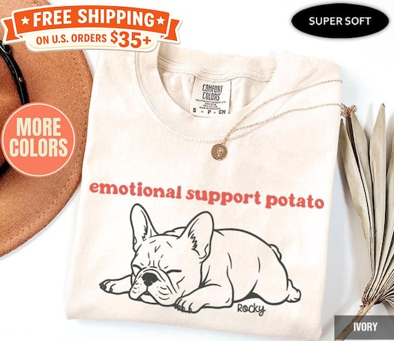 Funny French Bulldog Comfort Colors®  T-Shirt: Emotional Support Potato Retro Frenchie Dog Mom Tee, Personalized French Bulldog Shirt