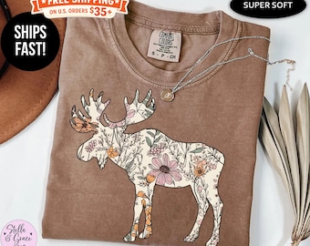 Wildflower Moose Shirt: Comfort Colors® Nature Tee, Woodland Wildlife Outdoors Tshirt