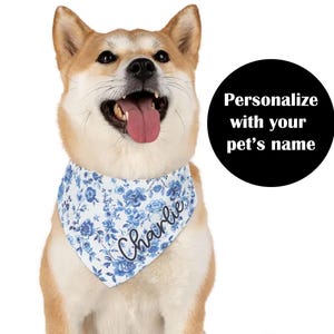French Blue Toile Pet Bandana, Personalized with Your Pet&#39;s Name, Custom Dog or Pet Bandana, Pet Gift, Cottagecore Floral Pet Bandana