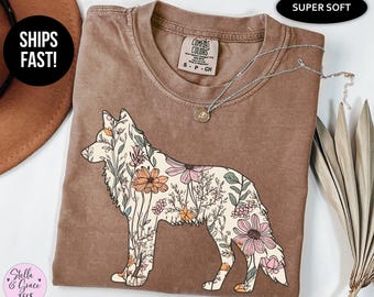 Wildflower Wolf Comfort Colors Shirt: Cottagecore Woodland Tee