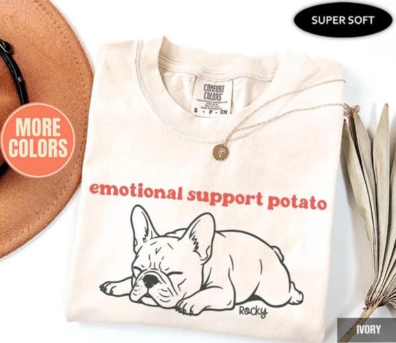 Funny French Bulldog Comfort Colors®  T-Shirt: Emotional Support Potato Retro Frenchie Dog Mom Tee, Personalized French Bulldog Shirt
