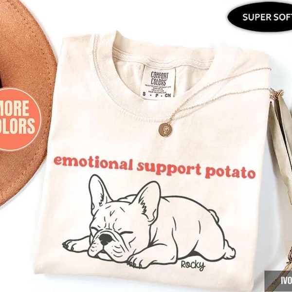Funny French Bulldog Comfort Colors®  T-Shirt: Emotional Support Potato Retro Frenchie Dog Mom Tee, Personalized French Bulldog Shirt