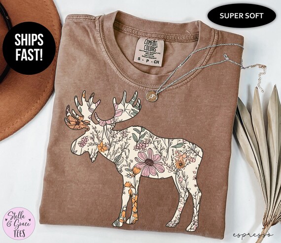 Wildflower Moose Shirt: Comfort Colors® Nature Tee, Woodland Wildlife Outdoors Tshirt