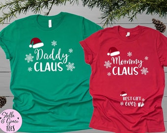 Couples Christmas Pregnancy Announcement Shirts, Daddy Claus Mommy Claus, Couples Christmas Pregnancy Reveal Shirts, Christmas Pajamas Pjs