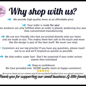 K&ouml;nnte beinhalten: Eine wei&szlig;e Informationsgrafik mit dem Stella & Grace Logo, betitelt mit Why shop with us? Sie listet Gesch&auml;ftspraktiken auf, darunter auftragsbezogene Fertigung, umweltfreundliche Tinten, Kundensupport und &uuml;ber 30.000 Verk&auml;ufe mit f&uuml;nf goldenen Sternen.