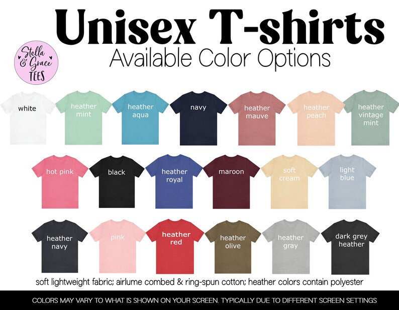 K&ouml;nnte beinhalten: Eine Farbkarte mit zwanzig Unisex-T-Shirts in verschiedenen Farbt&ouml;nen, darunter Wei&szlig;, Mint, Aqua, Marineblau, Mauve, Pfirsich, Vintage-Mint, Pink, Schwarz, K&ouml;nigsblau, Kastanienbraun, Creme, Hellblau, Dunkelmarine, Rosa, Rot, Oliv, Grau und Dunkelgrau.