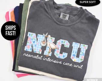 Blue Floral Neonatal Intensive Care Unit Shirt, Stork NICU Nurse Comfort Colors® Tshirt