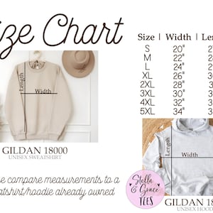 May include: Size chart for unisex sweatshirts and hoodies. The chart shows the width and length measurements in inches for sizes S through 5XL. The chart also includes images of a beige sweatshirt and a gray hoodie.