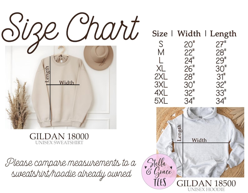 May include: Size chart for unisex sweatshirts and hoodies. The chart shows the width and length measurements in inches for sizes S through 5XL. The chart also includes images of a beige sweatshirt and a gray hoodie.