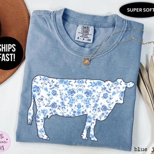 Cow Lover Comfort Colors® T-Shirt, Blue Toile Cow Tee, Cute Cottagecore Farm Animal Lover Shirt, Retro Cow Tshirt, Cow Mom T-Shirt