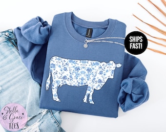 Blue Toile Cow Sweatshirt: Cottagecore Farm Animal Pullover