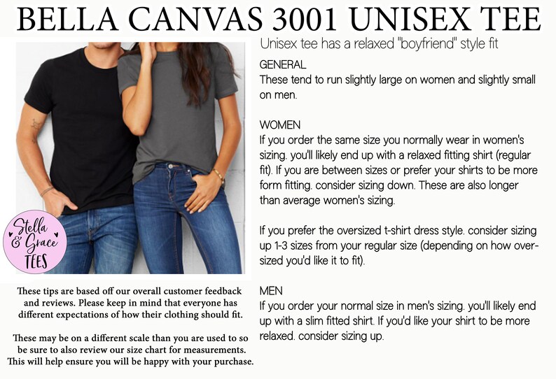 K&ouml;nnte beinhalten: Ein schwarzes T-Shirt und ein dunkelgraues T-Shirt kombiniert mit blauen Jeans. Das Bild enth&auml;lt den Text BELLA CANVAS 3001 UNISEX TEE, der Gr&ouml;&szlig;enhinweise f&uuml;r eine lockere Passform sowie Empfehlungen f&uuml;r verschiedene K&ouml;rpertypen bietet.