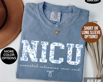 NICU Nurse Shirt, Comfort Colors® Floral Blue Toile Newborn Intensive Care Tee, Neonatal ICU Gift, Nicu Nurse Tees