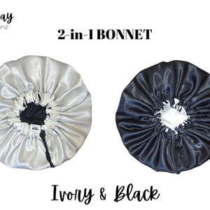 Ivory & Black Luxury Adjustable Satin Bonnets – Double-Lined, Reversible, Breathable for Ultimate Hair Protection| Sizes Small - X-Large