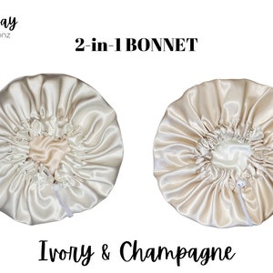 Ivory & Champagne Luxury Adjustable Satin Bonnets – Double-Lined, Reversible, Breathable for Ultimate Hair Protection| Sizes Small - X-Large