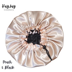 Peach & Black Luxury Adjustable Satin Bonnet – Double-Lined, Reversible, Breathable for Ultimate Hair Protection|Adult Sizes Small - X-Large