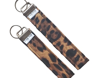 Brown Leopard Keychain Wristlet, Silver Key Fob Wristlet, Fabric Keychain, Girly Keychain Wristlet, Gift for Her, Gift for Any Occasion