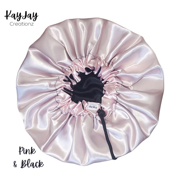 Pink & Black Silk Satin Bonnet| Double-Layered Reversible and  Adjustable Satin Bonnets | Adult Sizes Small - X-Large