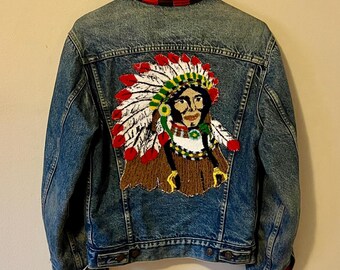 Vintage Lined Levis Denim Jacket With Native American Back Patch