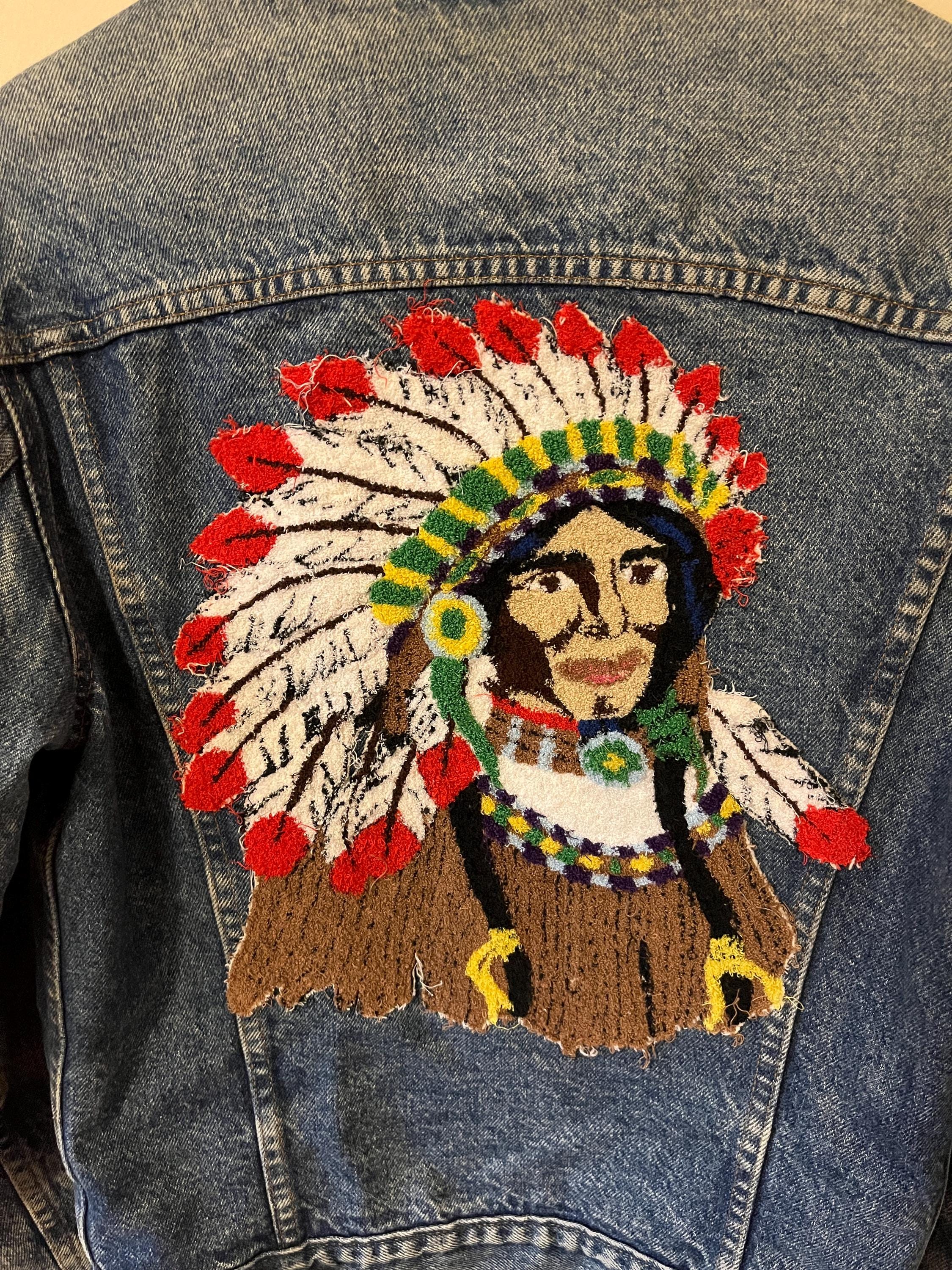 Vintage Lined Levis Denim Jacket With Native American Back Patch