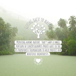 May include: A green and white graphic with the text "Giving Back to Nature" and a tree illustration. The text below reads "Printing harms nature. That's why a small portion of LuxeDesignArts profit goes to the US Rainforest Foundation to help protect our beautiful rainforests." The graphic is superimposed on a photo of a lush green rainforest with a river in the foreground.