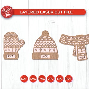 冬用帽子、スカーフ、手袋、名前飾りのバンドル SVG レイヤー レーザーカット ファイル、Glowforge など、デジタル ダウンロード