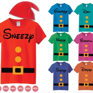 May include: Seven different colored t-shirts with the names of the seven dwarfs: Sneezy, Grumpy, Doc, Happy, Bashful, Sleepy, and Dopey. Each shirt has two yellow circles and a black belt with a gold buckle. A red felt hat is also included.