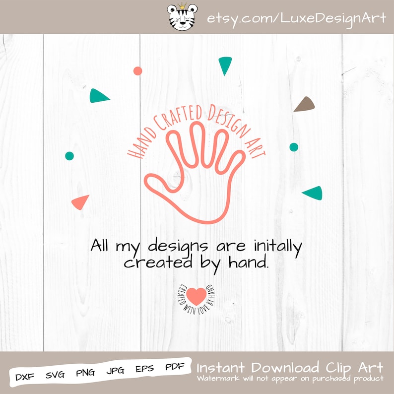 以下が含まれることがあります： ピンクの手形に「HAND CRAFTED DESIGN ART」という文字が書かれています。「All my designs are initially created by hand.」という文字が手形の下に書かれています。「CREATED WITH LOVE BY HAND」という文字が書かれた小さな円が文字の下にあります。