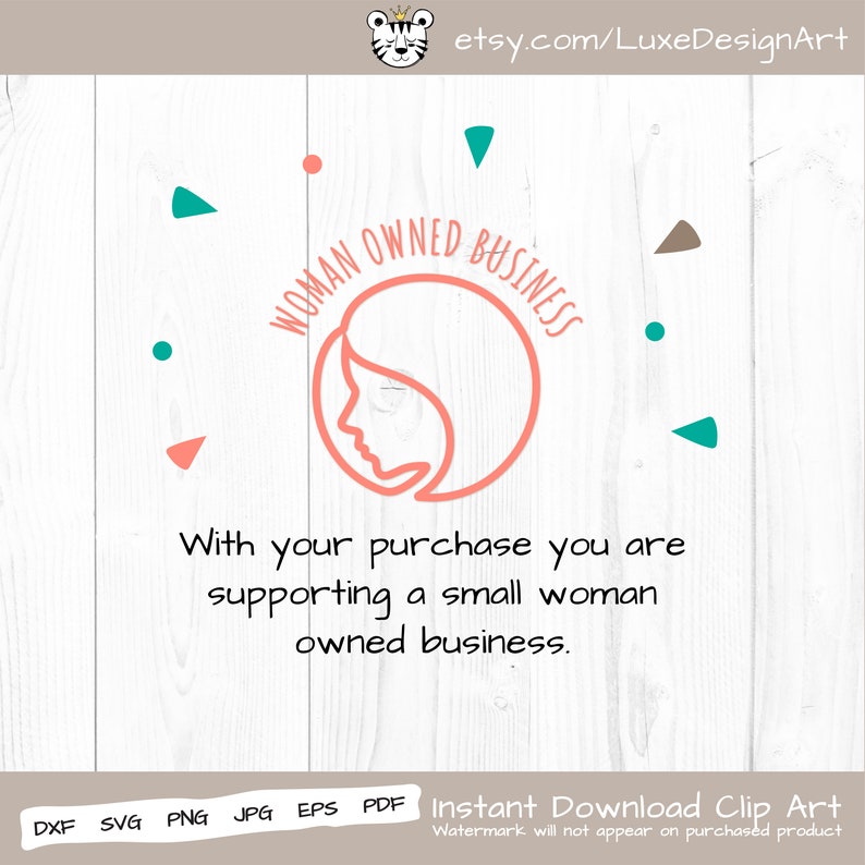 May include: A pink circle with a stylized female face inside and the text "WOMAN OWNED BUSINESS" around the circle. The text below the circle reads "With your purchase you are supporting a small woman owned business."