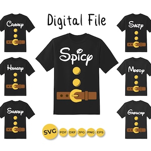 Może przedstawiać: Czarne koszulki z napisami takimi jak "Spicy" i "Cranky" w białym kolorze. Każdy wzór zawiera żółte kółka i brązowy pasek ze złotą klamrą. Widoczny jest również napis "Digital File".