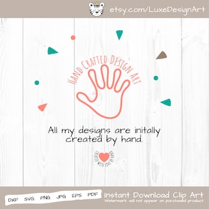 May include: A pink handprint with the text "HAND CRAFTED DESIGN ART" around it. The text "All my designs are initially created by hand." is below the handprint. A small circle with the text "CREATED WITH LOVE BY HAND" is below the text.