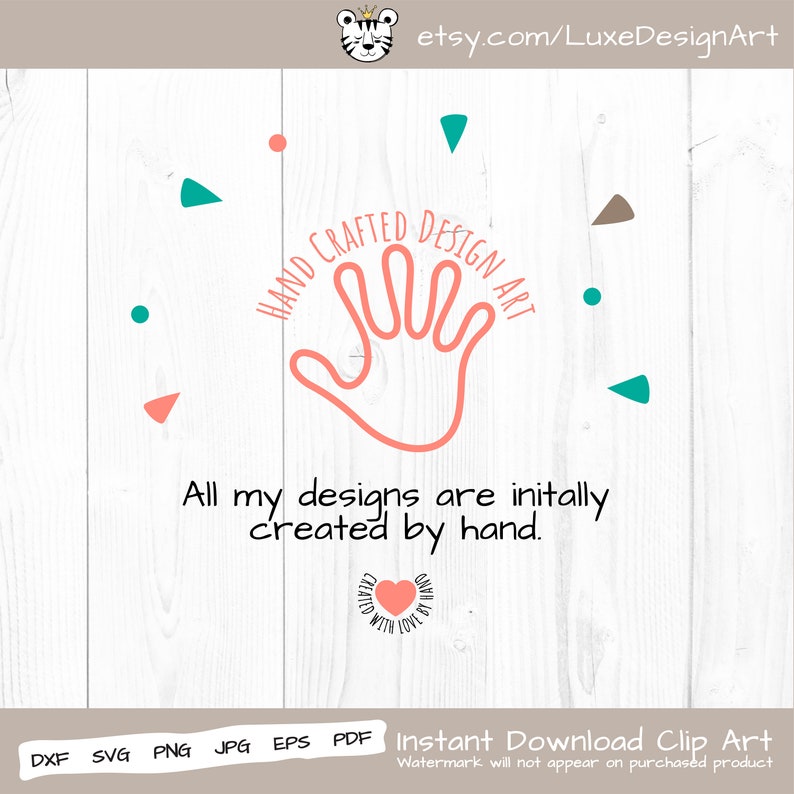 May include: A pink handprint with the text "HAND CRAFTED DESIGN ART" around it. The text "All my designs are initially created by hand." is below the handprint. A small circle with the text "CREATED WITH LOVE BY HAND" is below the text.
