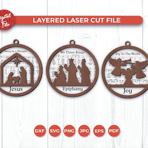 Nativity Ornament SVG Bundle, Layered Laser Cut File, Unique Christmas Ornament Bundle SVG, Music Sheet, Away in a Manger and more