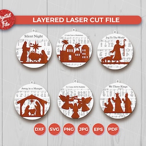 Kerststal Kerstornament Bundel SVG, Gelaagd Laser Cut-bestand, Muziekblad Kerststal SVG, Kerstornament, Glowforge, Digitale Download