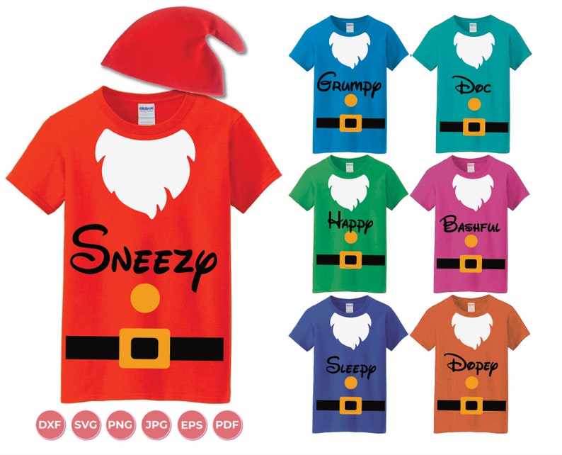 May include: Seven different colored t-shirts with a white beard, black belt, and a yellow circle on the front. Each shirt has a different dwarf name printed on it: Grumpy, Doc, Happy, Bashful, Sleepy, Dopey, and Sneezy.