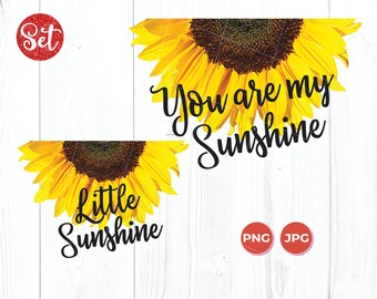 May include: A set of two digital downloads featuring a sunflower graphic with the text "You are my sunshine" and "Little sunshine". The images are available in PNG and JPG formats.
