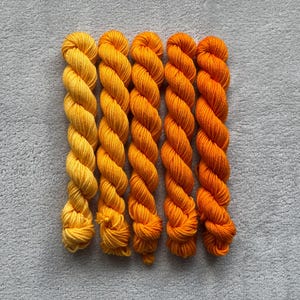 May include: Five skeins of yarn in varying shades of yellow and orange, arranged vertically against a gray background. The yarn is tightly twisted, showcasing a gradient of colors from light yellow to deep orange.