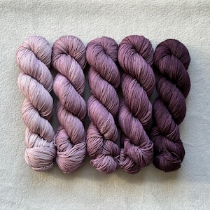 May include: Five skeins of gradient yarn in shades of purple, from light to dark.