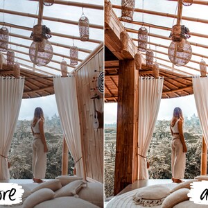 May include: A woman stands in a room with a bamboo ceiling and white curtains. The room has a view of a lush green landscape. The image is split into two sections, with the left side showing the original image and the right side showing the edited image. The text "before" is written on the left side of the image and the text "after" is written on the right side of the image.