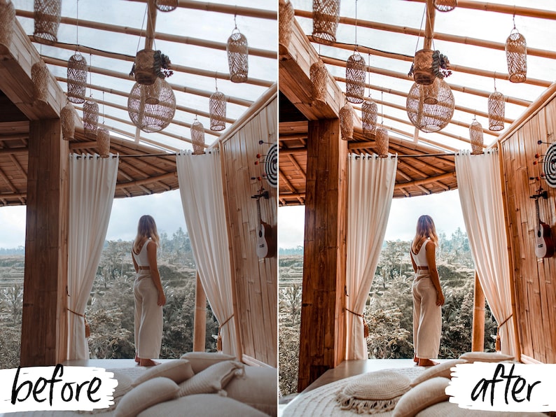 May include: A woman stands in a room with a bamboo ceiling and white curtains. The room has a view of a lush green landscape. The image is split into two sections, with the left side showing the original image and the right side showing the edited image. The text "before" is written on the left side of the image and the text "after" is written on the right side of the image.