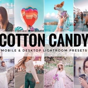 May include: A collage of images showcasing a variety of photography styles, including portraits, landscapes, and urban scenes. The images are edited with a soft, pastel color palette, creating a dreamy and whimsical aesthetic. The text "COTTON CANDY MOBILE & DESKTOP LIGHTROOM PRESETS" is displayed in bold, black letters.