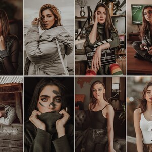 May include: A collage of nine images featuring women in various settings. The images showcase different styles and expressions, including a woman in a gray puffer jacket, a woman in a green turtleneck sweater, a woman in a denim jacket, a woman in a black tank top, and a woman in a white tank top.