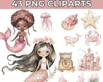 Mermaid Clipart Watercolor Cute Mermaid PNG Under the Sea Ocean Animals Clipart Watercolor Mermaid Birthday Little Mermaids Nursery Clipart