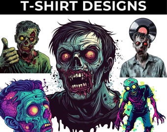 Può includere: Un set di quattro illustrazioni digitali che rappresentano personaggi zombie con tonalità di pelle verde, blu e viola. Le illustrazioni sono in stile cartone animato e presentano diverse espressioni e pose. Il testo "50+ TRANSPARENT T-SHIRT DESIGNS" è in cima all'immagine.