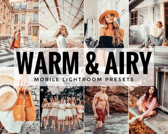May include: A collage of lifestyle images with a warm, airy aesthetic. The images feature people in various settings, including outdoor scenes and indoor portraits. Text overlay reads "WARM & AIRY MOBILE LIGHTROOM PRESETS."