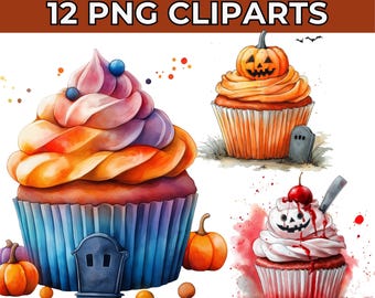 Halloween Cupcakes Watercolor Clipart: 12 Spooky Dessert PNG Graphics (Digital Download)