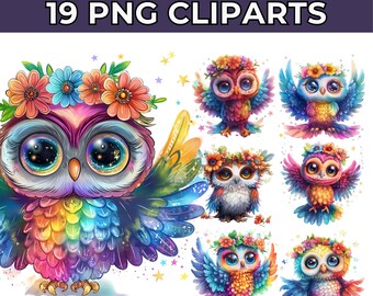 19 Paquete de imágenes prediseñadas de búho / Imágenes prediseñadas de sublimación de búho brillante / Búhos coloridos / Ilustraciones de búho / Búho imprimible / Descarga digital para la fabricación de tarjetas