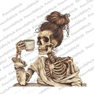Halloween Skeleton Clipart, Fall Skeleton Woman With Coffee, Sublimation Design, Instant Download, Perfect for Fall Crafts and Merchandise image 5