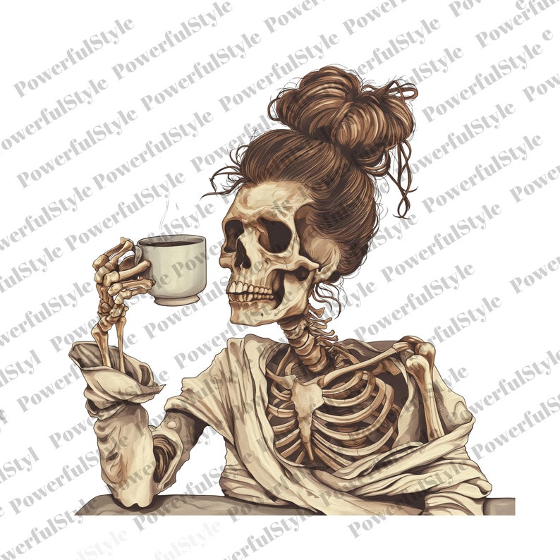 Halloween Skeleton Clipart, Fall Skeleton Woman With Coffee, Sublimation Design, Instant Download, Perfect for Fall Crafts and Merchandise image 5