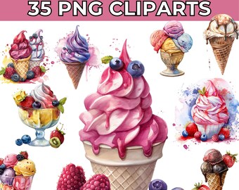 35 Aquarell Eis Clipart | Sommer Clipart Eiscreme Schaufel & Kegel PNGs | Hochwertige Aquarell Clip Art für den kommerziellen Gebrauch